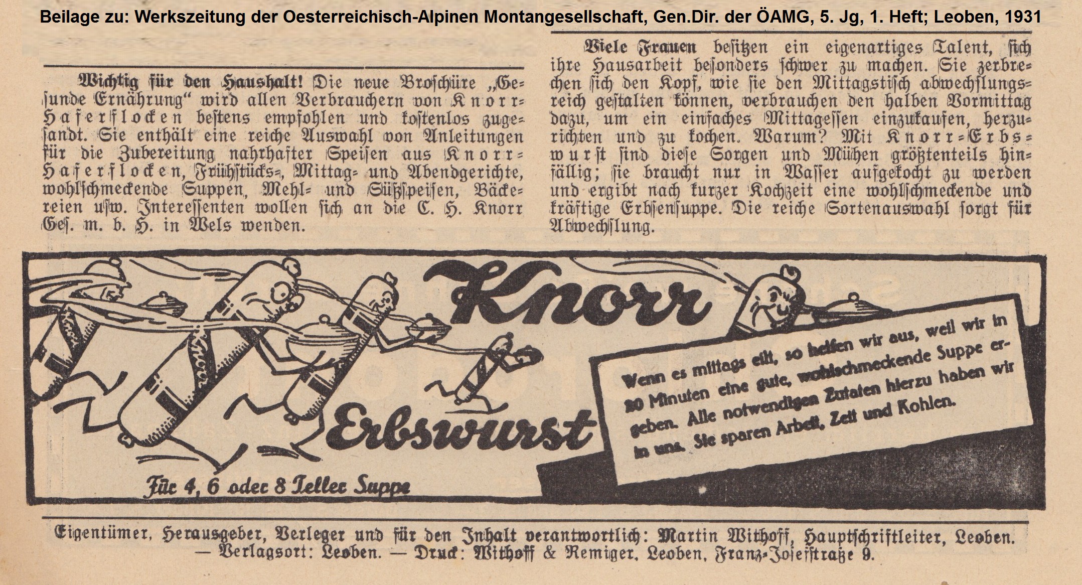 Erbswurst-Annonce, 1931