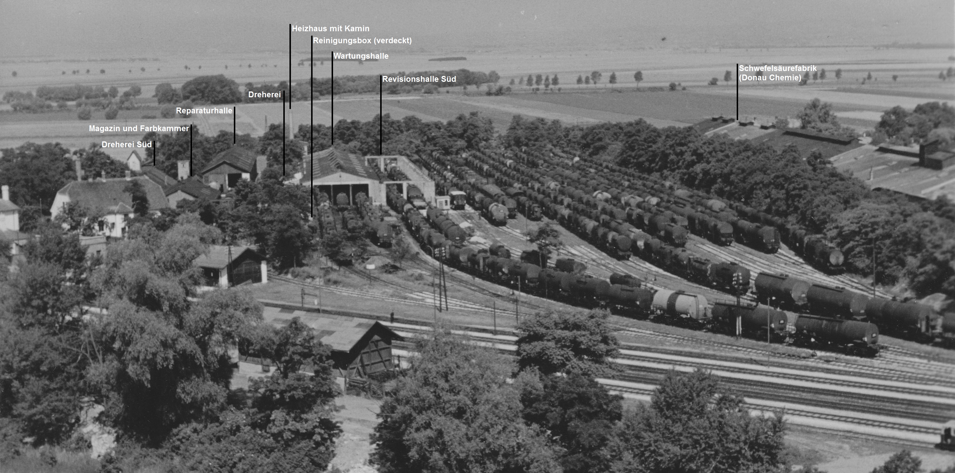 Foto des Altstandortes um 1950 (USIA-Verwaltung) mit Erläuterungen aus [1]. Quelle: [3]