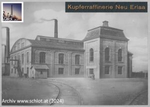 Kupferraffinerie Neu Erlaa, Werksansicht mit drei rauchenden Schloten und Werksgleisen, Archiv www.schlot.at